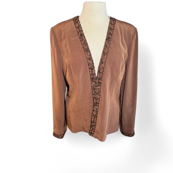 LaBelle Formal Open Front Long Sleeve Women's Brown Jacket with Beaded Trim - Picture 1 of 8